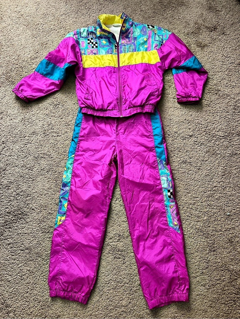 Vtg Tracy & Carl Color Block Geometric Windbreaker Tracksuit Set Kids Size Large